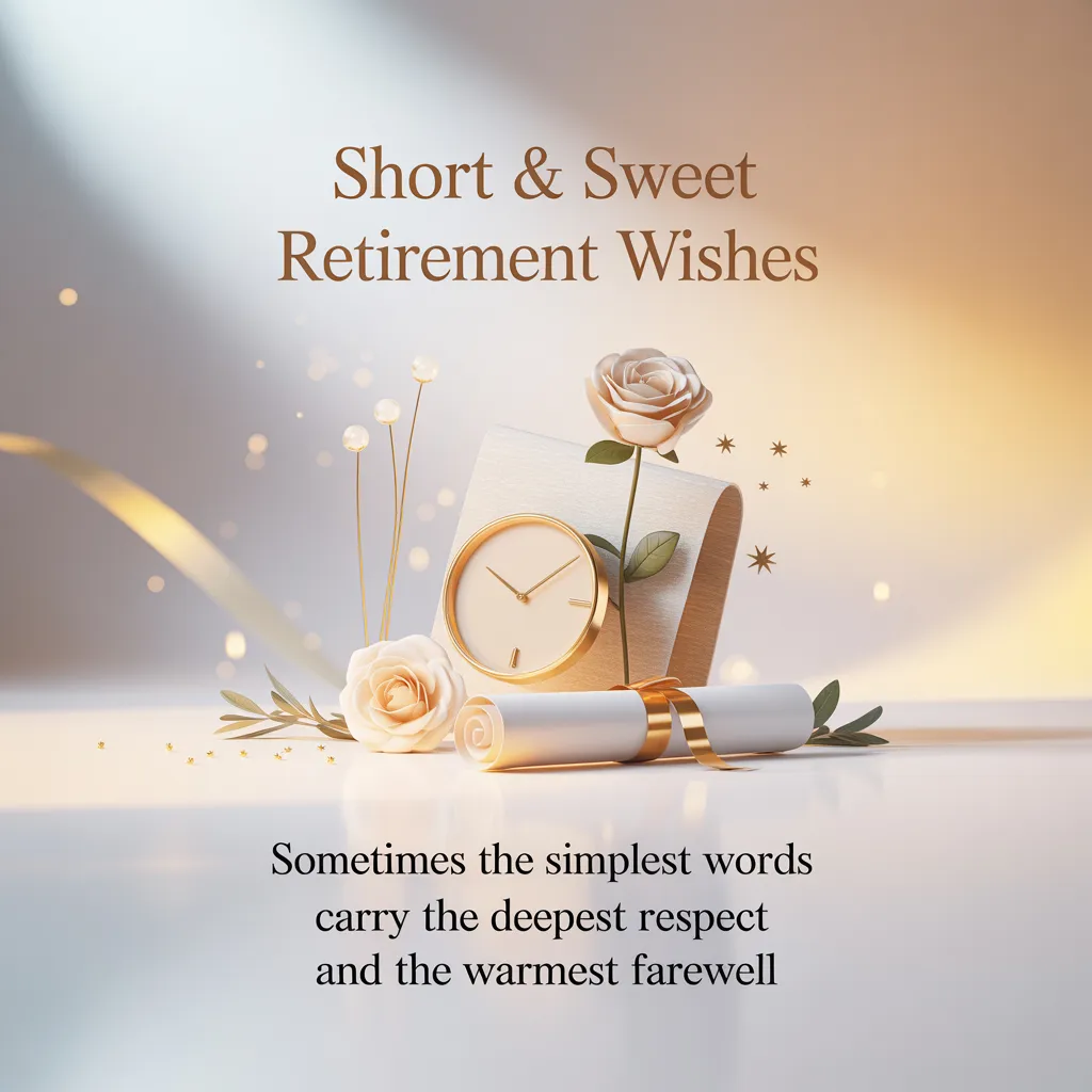 Elegant retirement wishes for a boss featuring a gold-rimmed clock, a white scroll tied with a gold ribbon, and soft cream roses. The scene is illuminated by warm, diffused light and golden sparkles, creating a professional and respectful atmosphere for a heartfelt farewell.