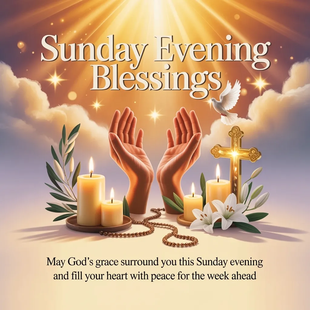 Radiant golden light illuminates praying hands and flickering candles in this Sunday evening blessings scene. A white dove and golden cross rest among soft lilies, creating a peaceful inspirational prayer image.