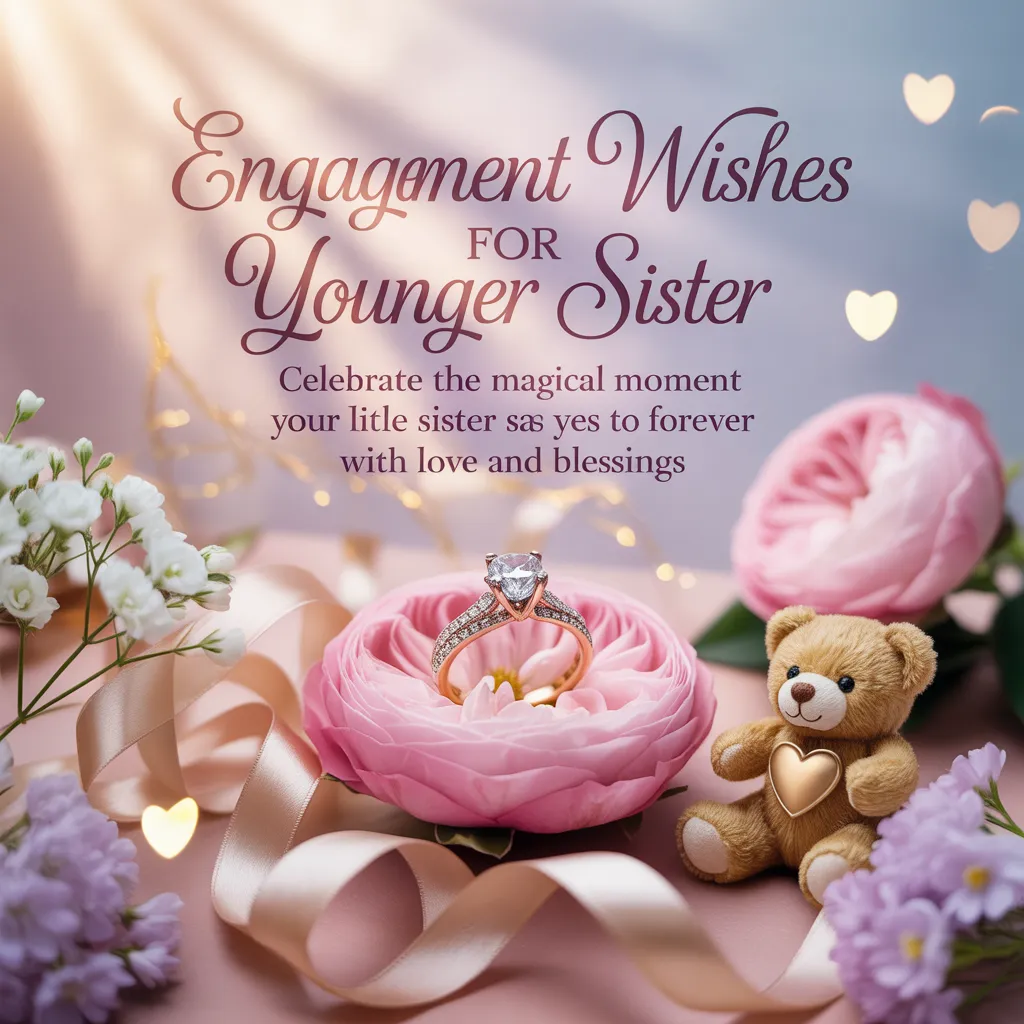 A sparkling diamond engagement ring nestled in a soft pink rose, surrounded by a teddy bear and satin ribbons under ethereal light, featuring elegant engagement wishes for a younger sister amidst delicate flowers.