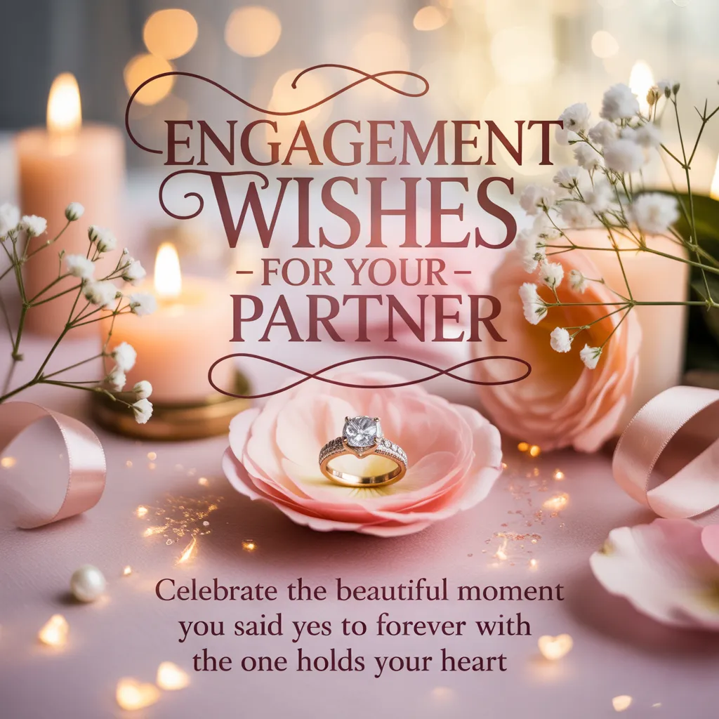 Sparkling diamond engagement ring nestled in a soft pink flower petal, surrounded by glowing candles and baby's breath. This romantic setting for engagement wishes for your partner features warm golden lighting and elegant textures.