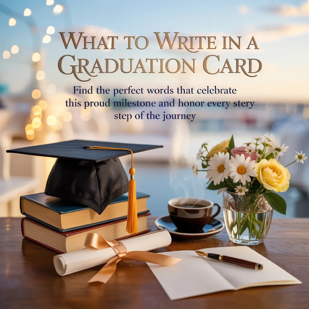 A black graduation cap with a gold tassel rests on books beside a rolled diploma and open graduation card. Warm golden light and fresh flowers create an inviting setting for writing heartfelt wishes on a polished wooden table.