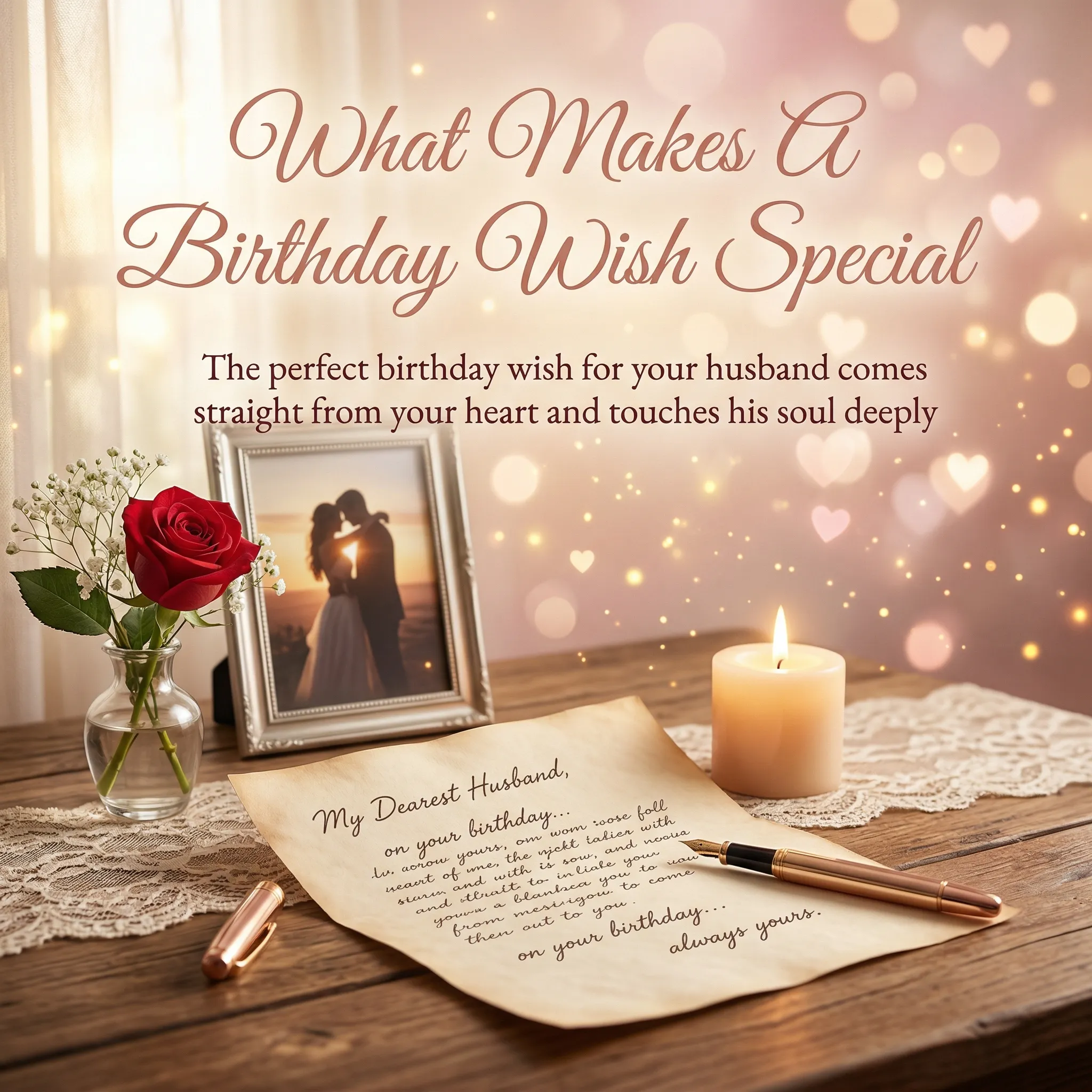 A romantic birthday wish for a husband handwritten on aged parchment beside a red rose and glowing candle, resting on a rustic wooden table with delicate lace under warm, heart-shaped bokeh lighting.