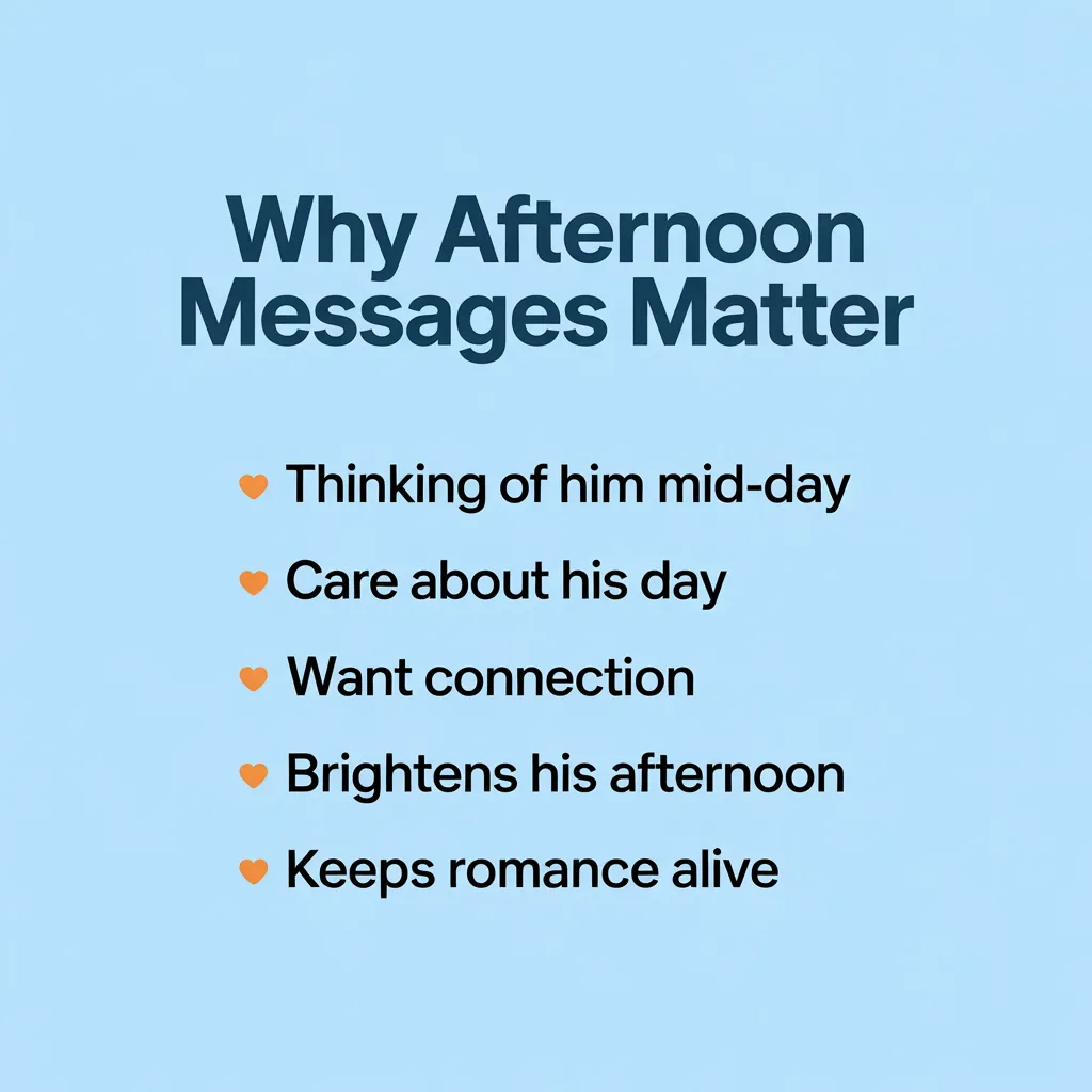 A minimalist digital graphic titled 'Why Afternoon Messages Matter' set against a smooth light blue background. Small orange heart icons bullet a list of relationship tips, emphasizing how sending a thoughtful good afternoon message for him builds connection and keeps romance alive.