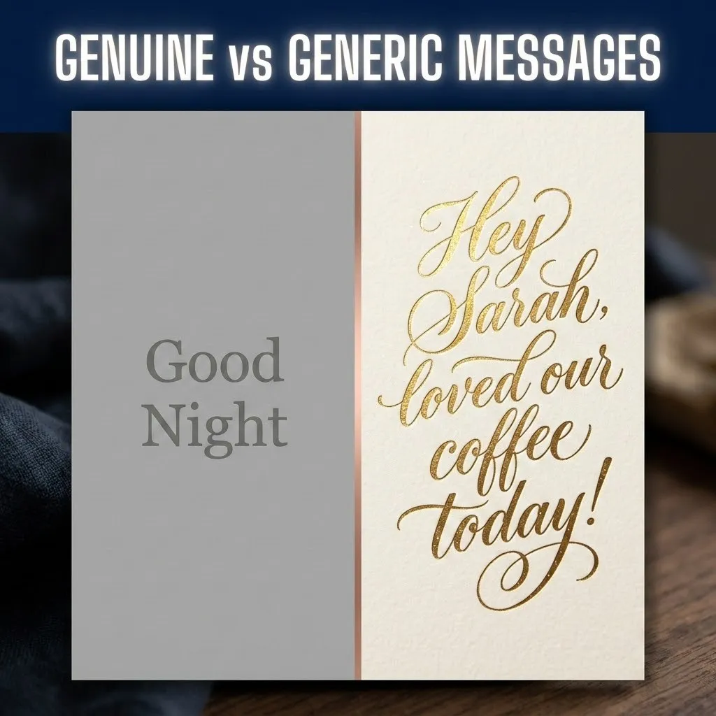 A side-by-side comparison of a plain 'Good Night' message versus a personalized note in elegant gold foil calligraphy. This visual highlights how heartfelt good night wishes for friends stand out against generic text, set on a warm wooden surface under soft, diffused lighting.