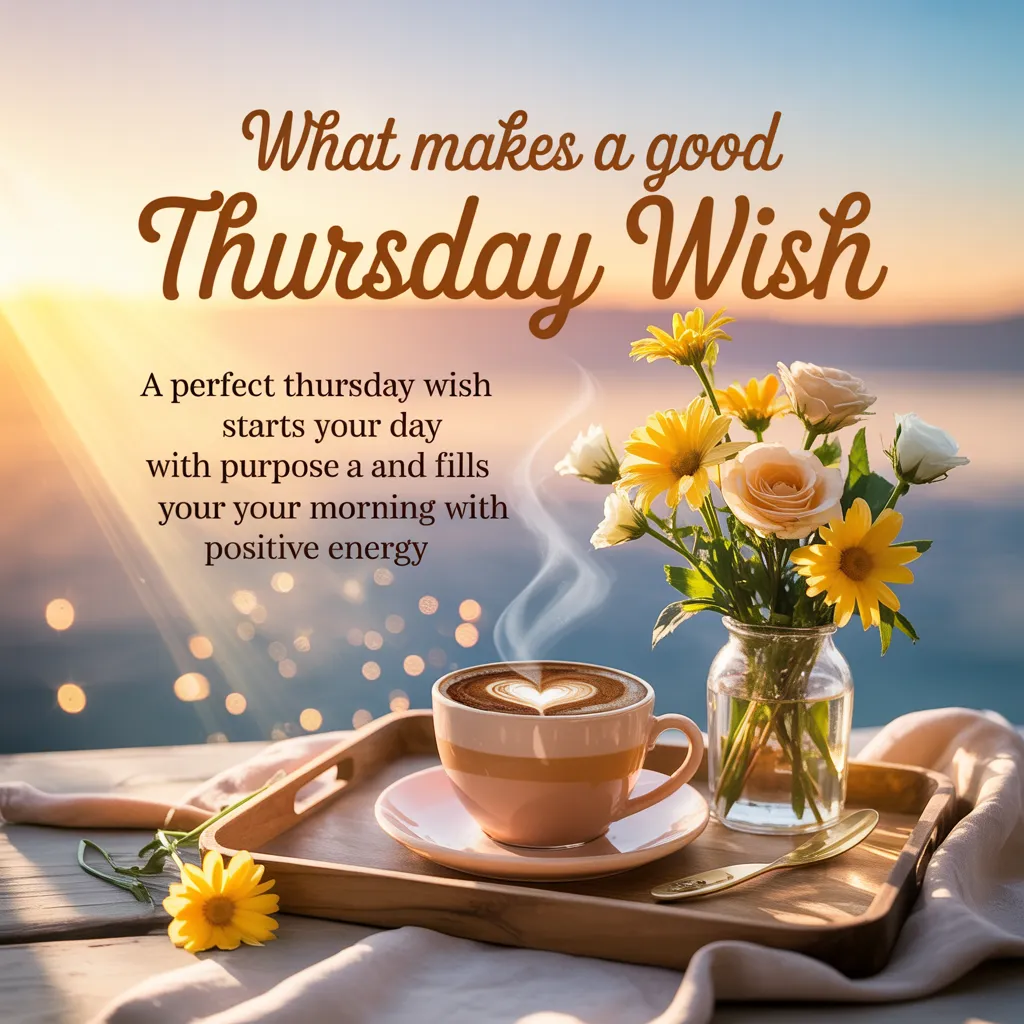 A steaming latte with heart-shaped art rests on a wooden tray beside yellow daisies and peach roses, bathed in golden morning sunlight over a calm sea to inspire a perfect Thursday wish and positive morning energy.