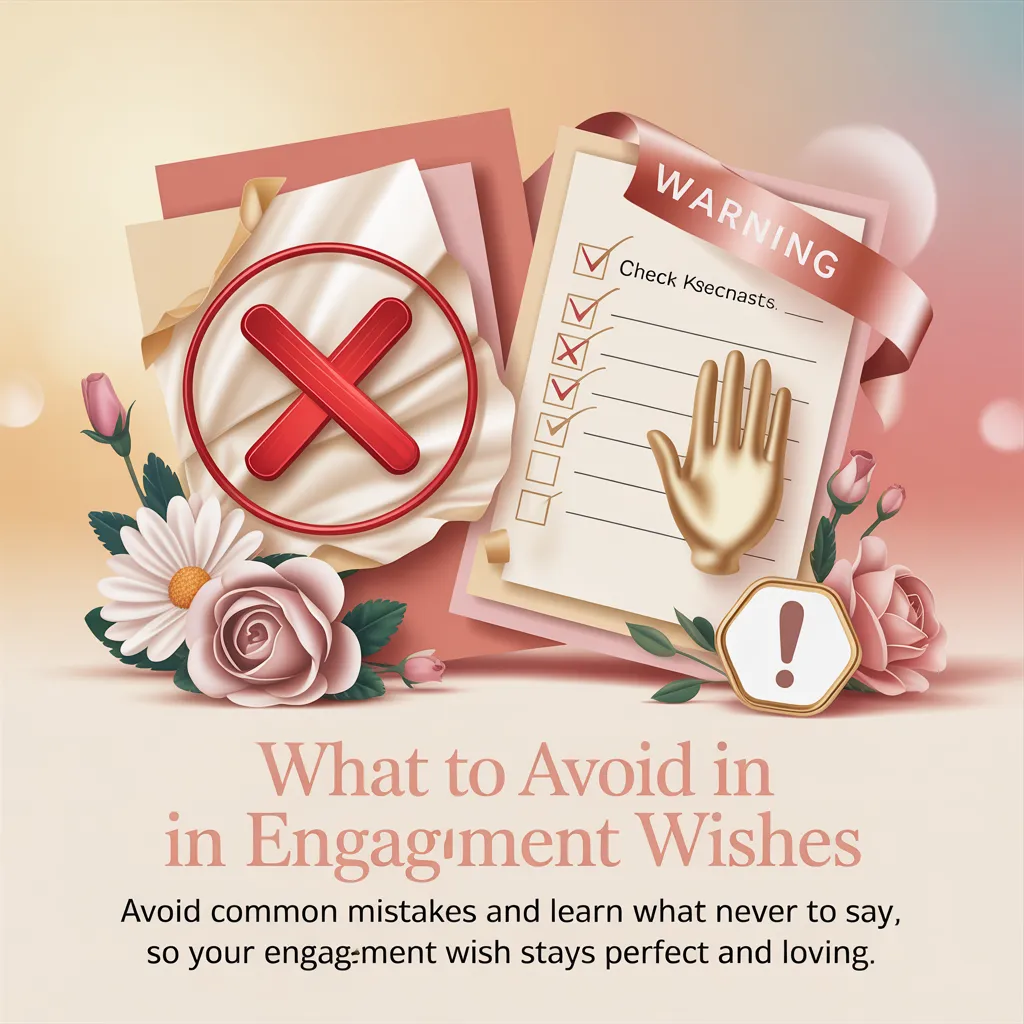 A bold red 'X' and a warning checklist highlight common mistakes in engagement wishes, surrounded by soft pink roses and white daisies. The scene is bathed in warm, diffused light against a peach bokeh background, providing guidance for writing a heartfelt and etiquette-appropriate message for a sister's engagement.