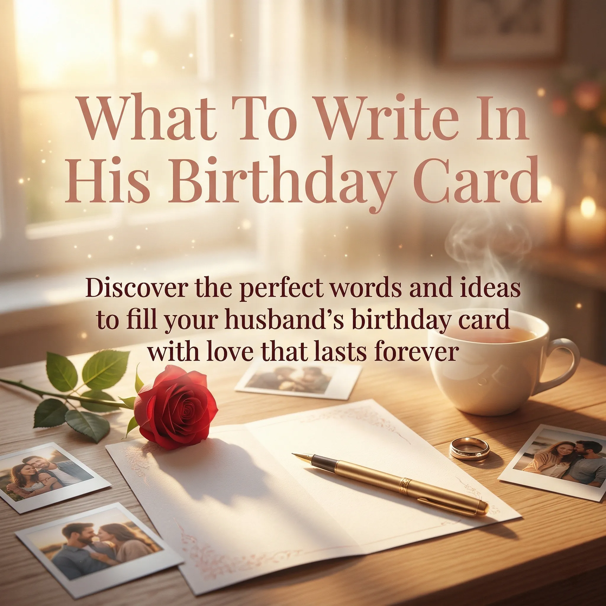 A romantic husband's birthday card setting featuring a single red rose, a gold fountain pen, and sentimental photos on a wooden surface. Warm, hazy sunlight illuminates the scene, which includes a steaming ceramic mug and a gold wedding ring under soft, ethereal lighting.