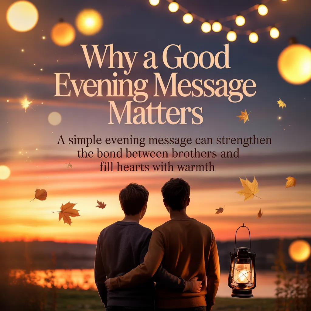 Two brothers stand together overlooking a sunset lake, framed by golden autumn leaves and glowing string lights. A lit vintage lantern illuminates the scene, highlighting the text for a good evening message for brother.