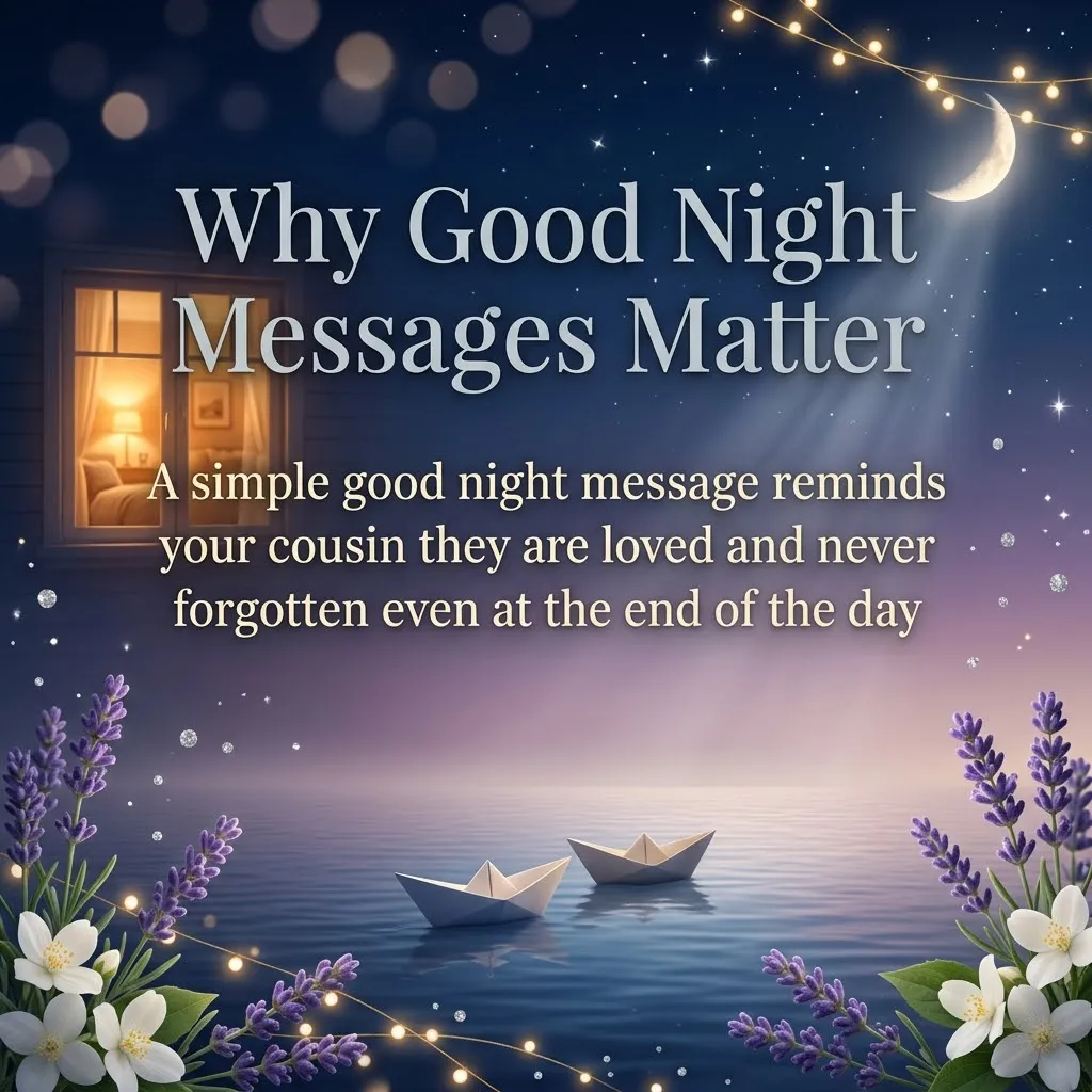 Inspirational text explaining why a good night message for cousin matters, set against a tranquil night scene with paper boats on calm water, purple lavender, and glowing string lights under a soft crescent moon.