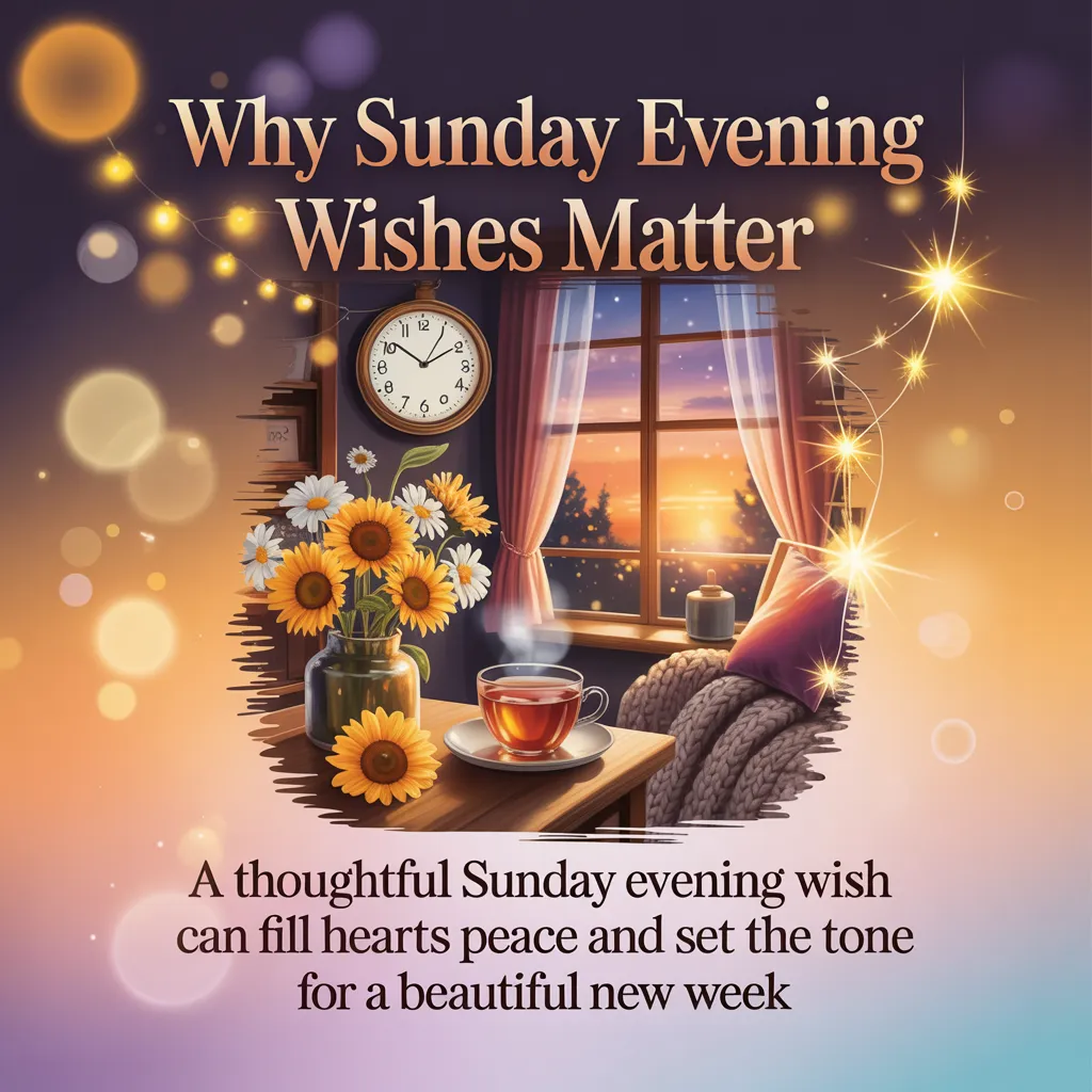 Vibrant sunflowers and a steaming cup of tea sit on a wooden table beside a window overlooking a golden sunset, illustrating the warmth of Sunday evening wishes. Soft bokeh lighting and a knitted blanket enhance the cozy, peaceful atmosphere.