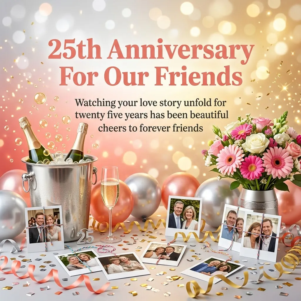 Festive 25th wedding anniversary wishes display with chilled champagne, rose gold balloons, and pink flowers. Scattered polaroid photos and shimmering gold confetti rest under soft, golden bokeh lighting for a silver anniversary celebration.