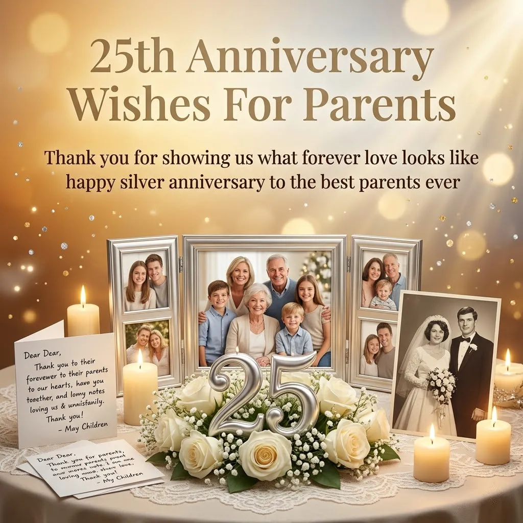 Heartfelt 25th wedding anniversary wishes for parents featuring a silver '25' candle among white roses. This display includes family photos and notes on lace, illuminated by warm candlelight and a golden bokeh background.
