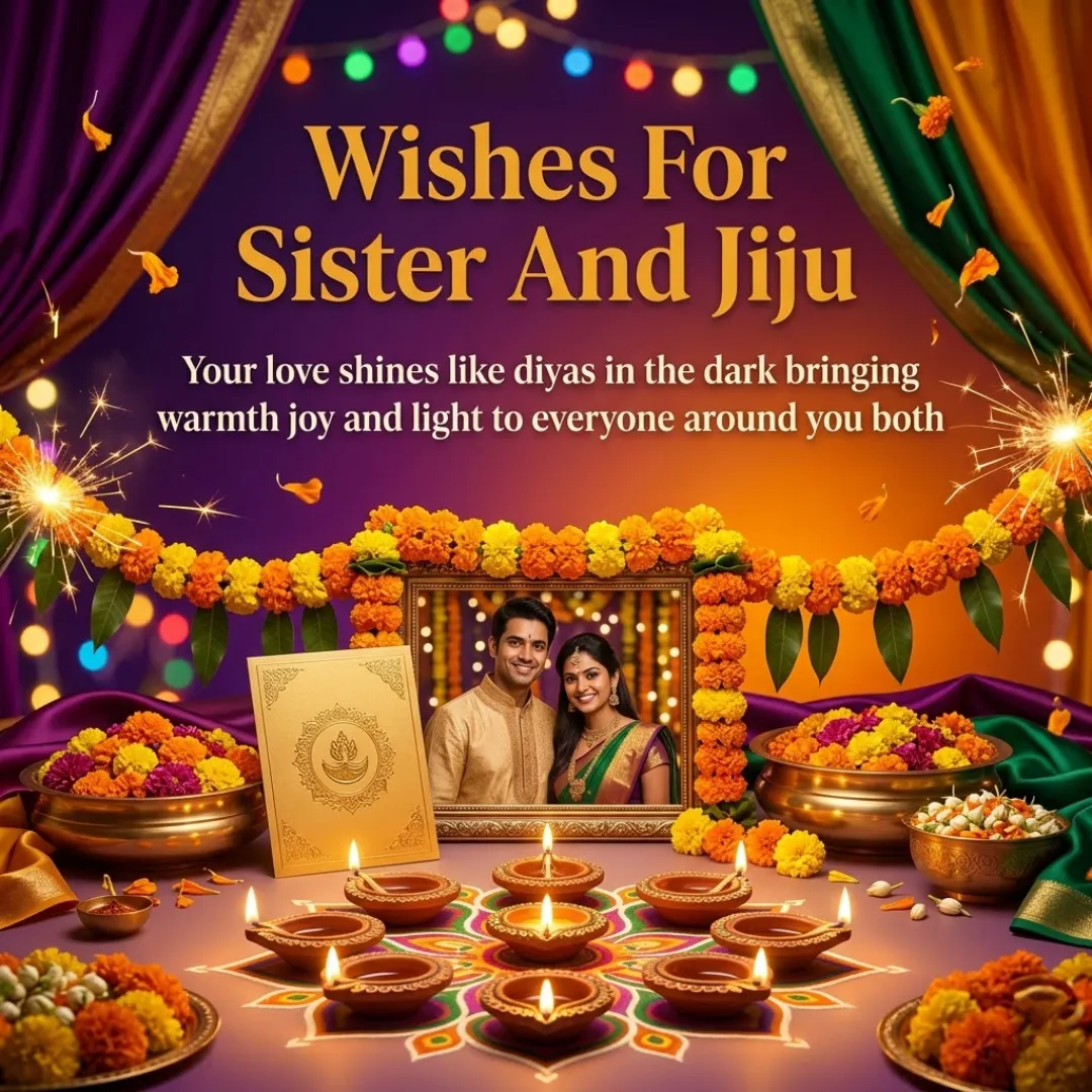A framed portrait of a smiling couple surrounded by orange marigold garlands and glowing clay diyas on a festive rangoli. This celebratory scene for wishes for sister and jiju includes draped purple silk curtains, sparkling lights, and a gold-embossed card in a warm, atmospheric setting.