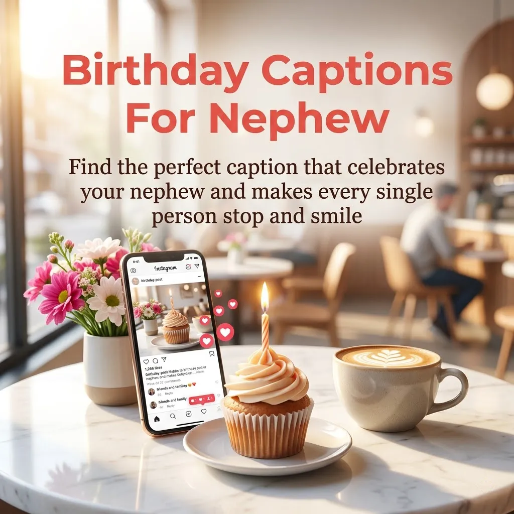 A smartphone displaying an Instagram post sits beside a frosted birthday cupcake with a lit candle on a sunlit marble table. Bright cafe lighting and pink flowers provide inspiration for birthday captions for nephew.
