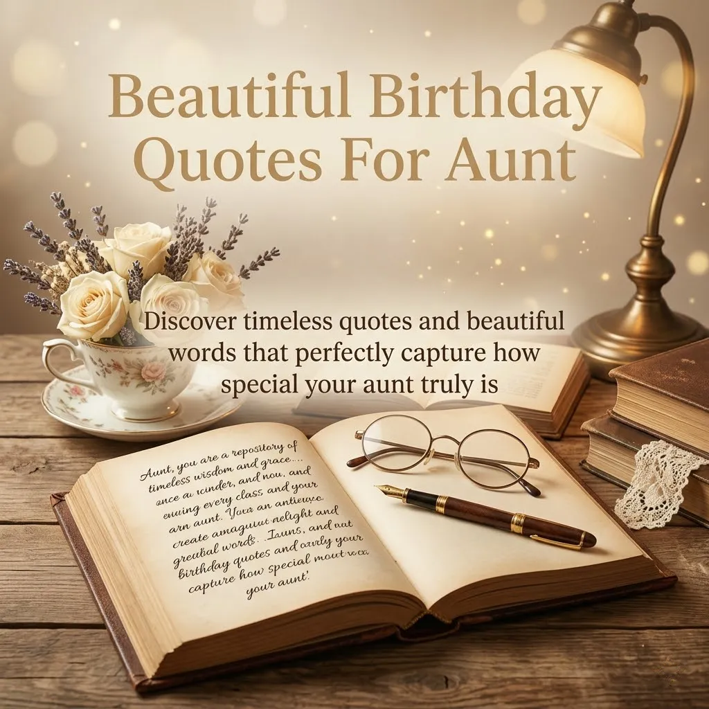 An open vintage book displaying heartfelt birthday quotes for aunt rests on a rustic wooden table alongside round glasses and a fountain pen. Warm, golden lamplight illuminates a delicate floral teacup filled with white roses and lavender, evoking a cozy, sentimental atmosphere.