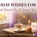A steaming floral teacup and a frosted cupcake with a lit candle rest on a rustic wooden table next to a 'Dear Aunt' card, creating a serene scene for birthday wishes for aunt under warm, golden morning light.