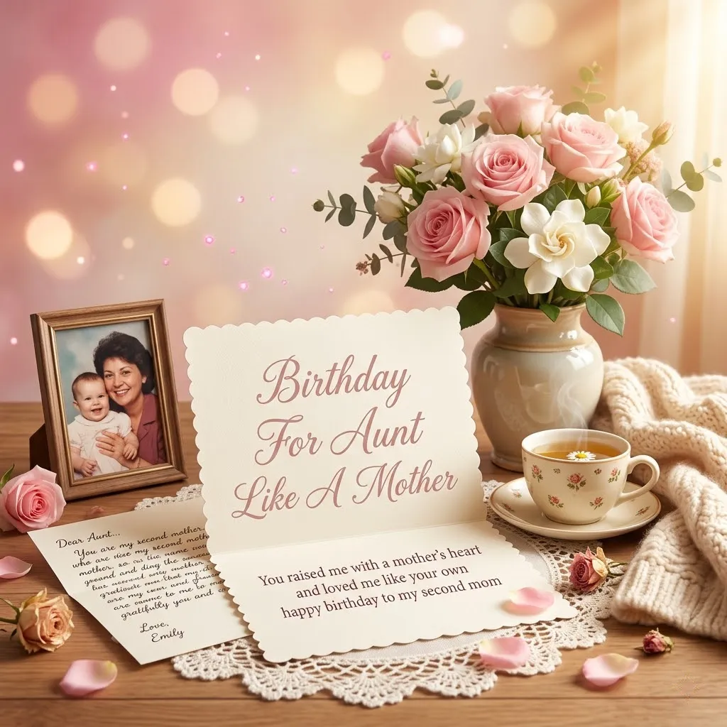 Vintage leather suitcase and glowing lantern on a rocky ledge under a starry night sky. A paper airplane carrying long distance birthday wishes for an aunt flies past a full moon, creating a sentimental scene of connection.