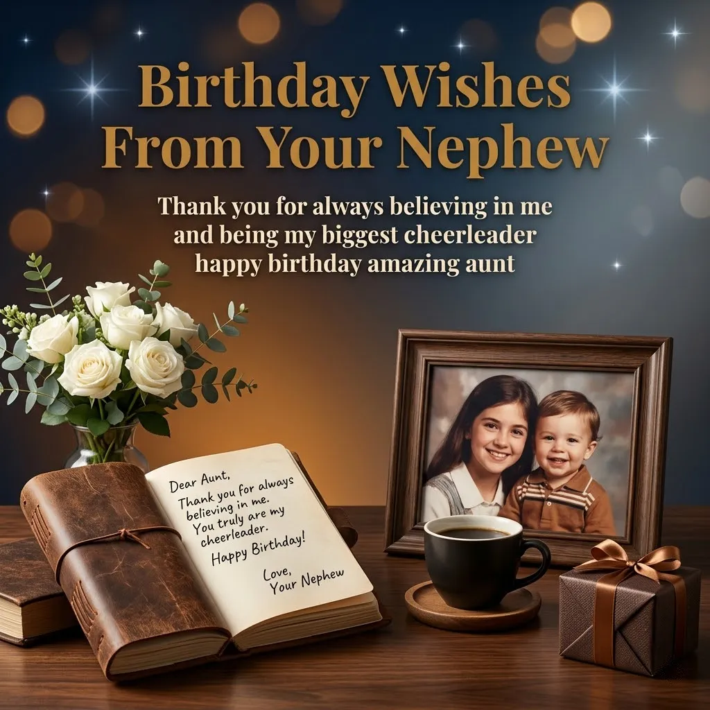 An open leather journal with a nephew's birthday message for an aunt rests on a wooden table beside white roses, a framed photo, and a gift box, all glowing under soft bokeh lighting and festive golden sparkles.