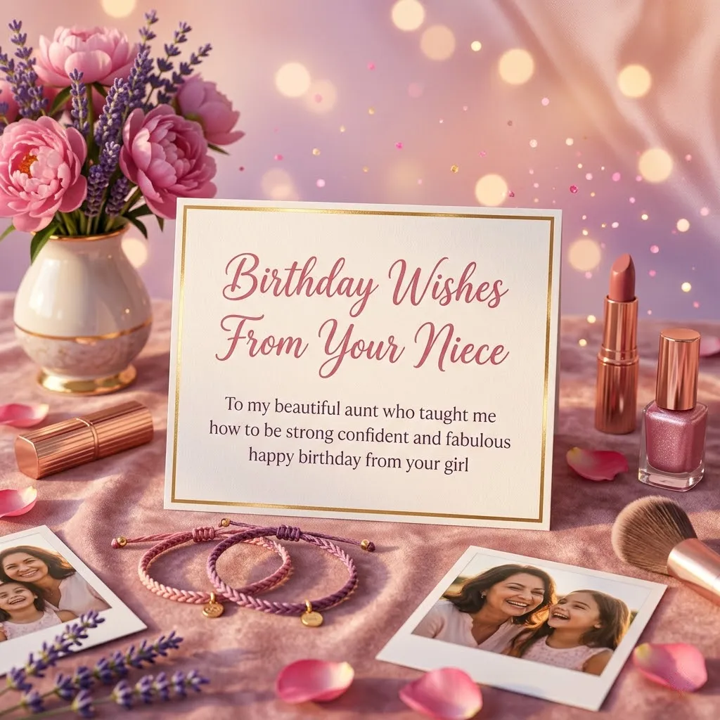 A heartfelt birthday card for aunt from her niece rests on pink fabric among peonies, braided bracelets, and rose gold makeup. Warm bokeh lighting creates a sentimental backdrop for Happy Birthday wishes for aunt.