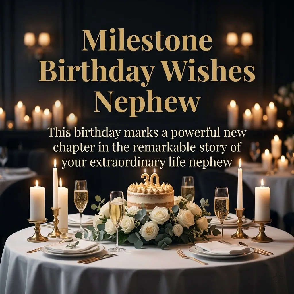 Sophisticated 30th birthday cake with gold candles and white roses on a candlelit table set with champagne and gold cutlery, creating an elegant atmosphere for milestone birthday wishes for a nephew.