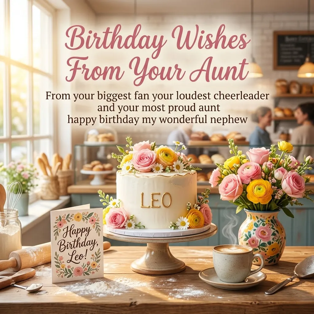 An elegant white birthday cake for a nephew named Leo, adorned with gold lettering and pink roses, sits on a rustic wooden table alongside steaming coffee and a floral greeting card under soft, warm window light.