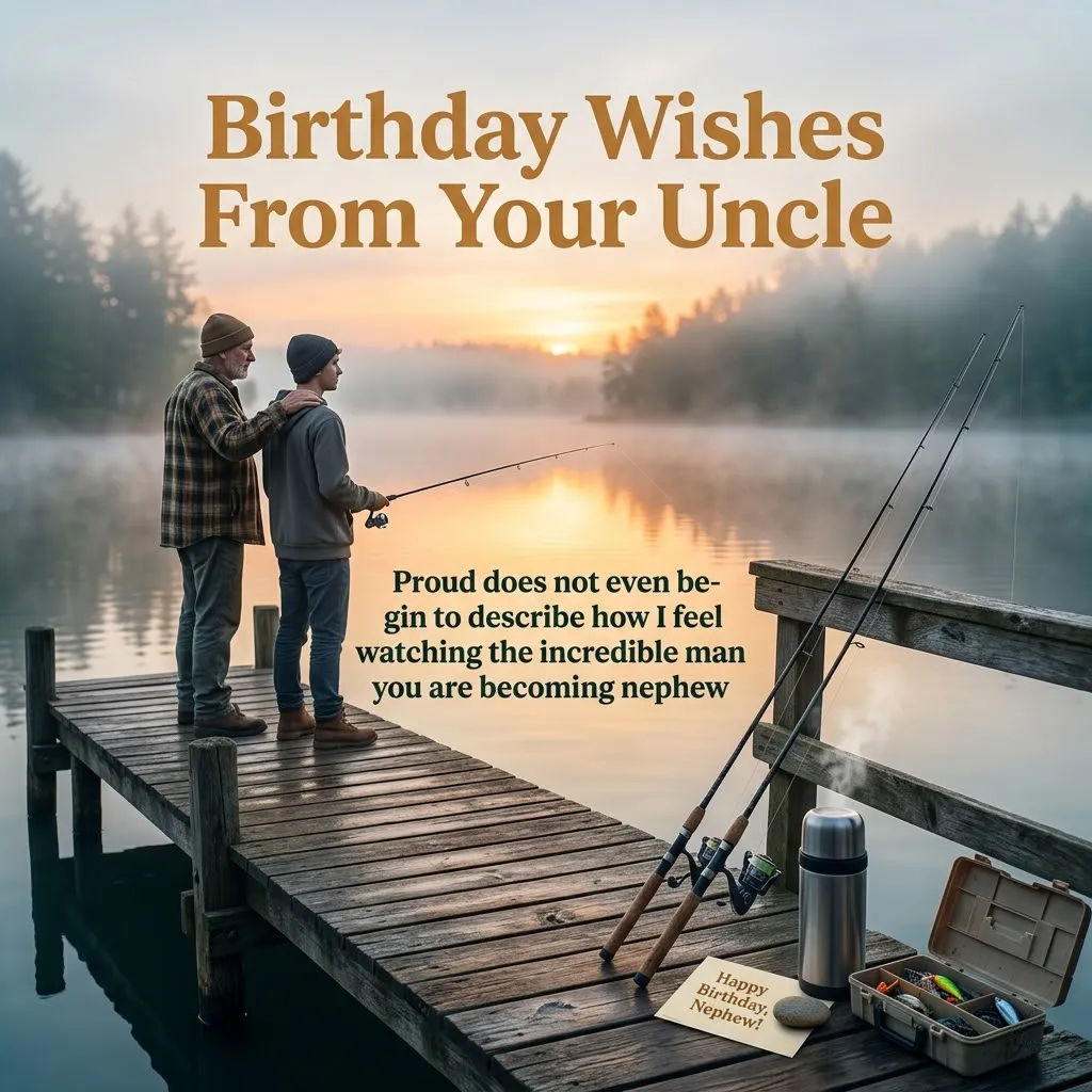 An uncle and nephew fishing on a weathered wooden dock at sunrise over a misty lake. This birthday wishes for nephew scene features warm golden lighting, a steaming silver thermos, and a tackle box resting on rustic planks.
