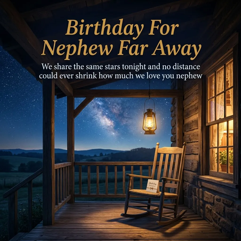 A rustic wooden rocking chair holding a birthday card sits on a cabin porch under a glowing lantern. A brilliant starry night sky provides a serene backdrop for sending heartfelt happy birthday wishes to a nephew far away.