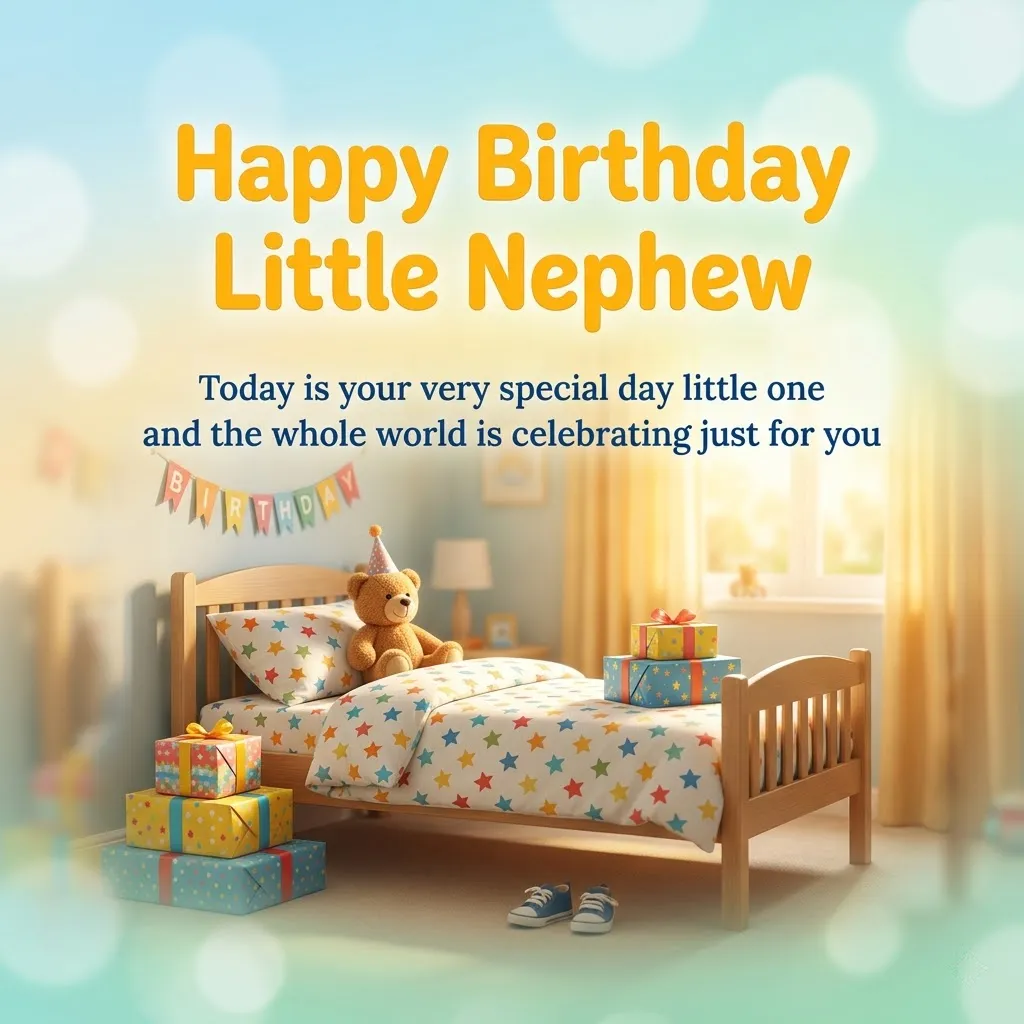 Warm sunlight fills a cozy bedroom where a teddy bear sits on star-patterned bedding next to colorful presents. The scene includes 'Happy Birthday Little Nephew' text, making it a perfect digital card to share heartfelt birthday wishes for a nephew.