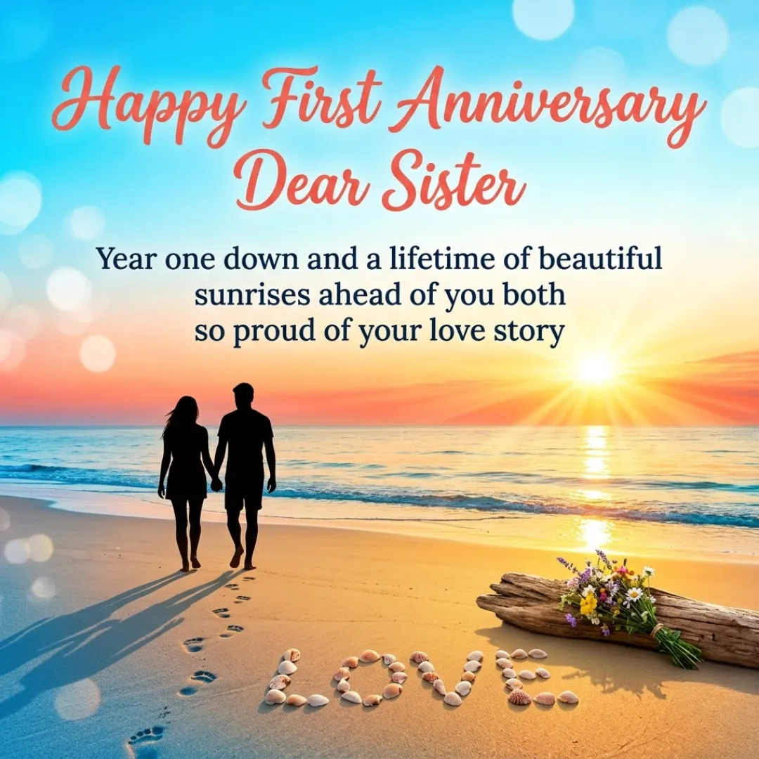A first wedding anniversary card for a sister featuring a silhouette of a couple walking on a golden beach at sunrise. Seashells spell 'LOVE' near a wildflower bouquet on driftwood, set against a vibrant orange sky with soft, diffused bokeh lighting.