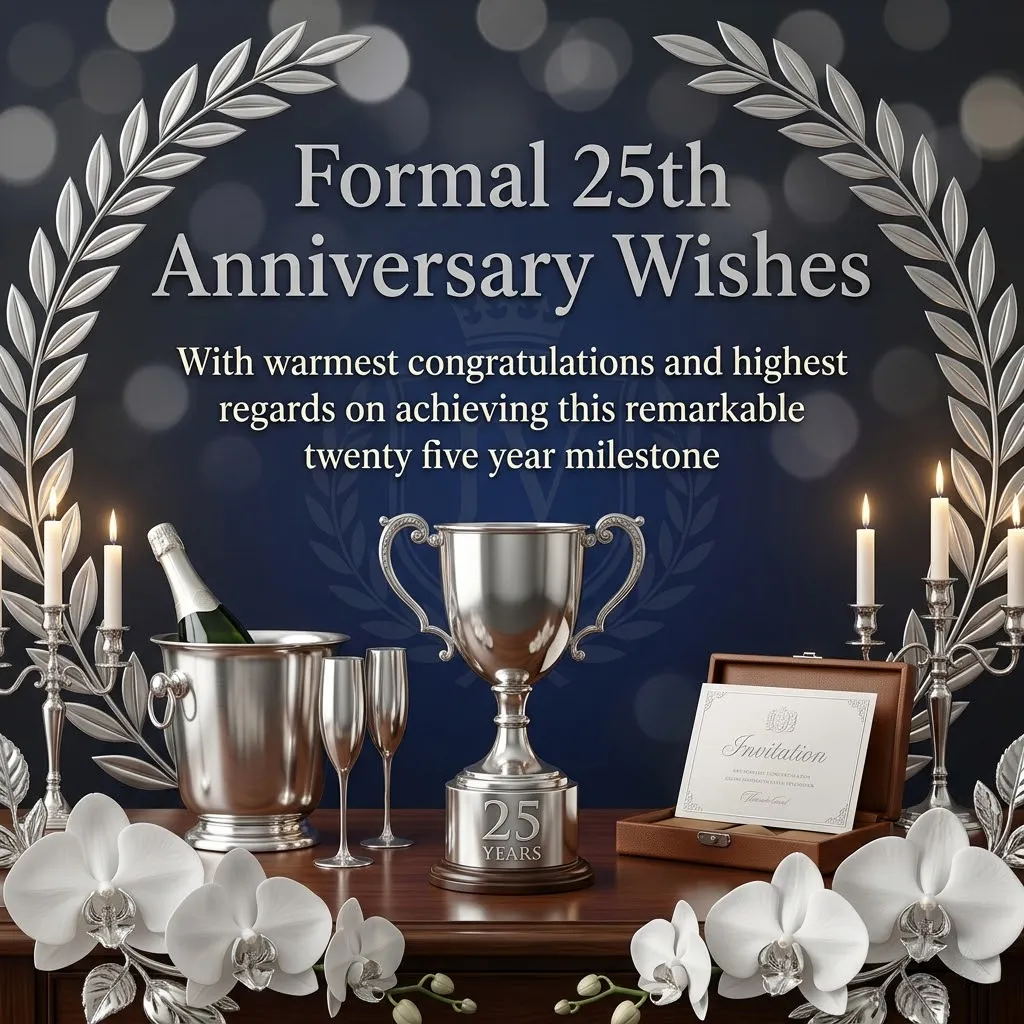 Elegant silver trophy engraved with 25 years sits on a mahogany table alongside a chilled champagne bucket and delicate white orchids. This formal 25th anniversary wishes scene is bathed in warm candlelight against a navy backdrop, perfect for a sophisticated 25th wedding anniversary celebration.