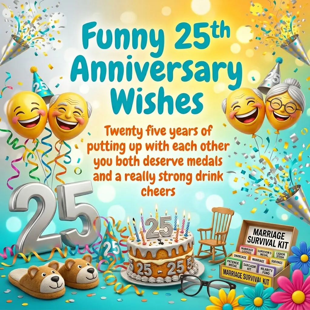 Vibrant funny 25th anniversary wishes graphic featuring laughing elderly balloons, a silver tiered cake, and a marriage survival kit. The scene is decorated with sparkling confetti and soft bokeh lighting, celebrating twenty-five years of marriage with a playful, festive atmosphere.