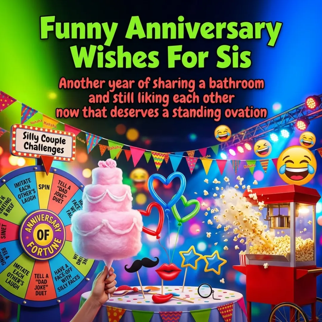 Colorful carnival-themed graphic featuring funny anniversary wishes for sis, showcasing a pink cotton candy cake and a vintage popcorn machine. The vibrant scene includes heart balloons and a spinning wheel set against glowing bokeh lights, perfect for sharing lighthearted sister anniversary quotes.