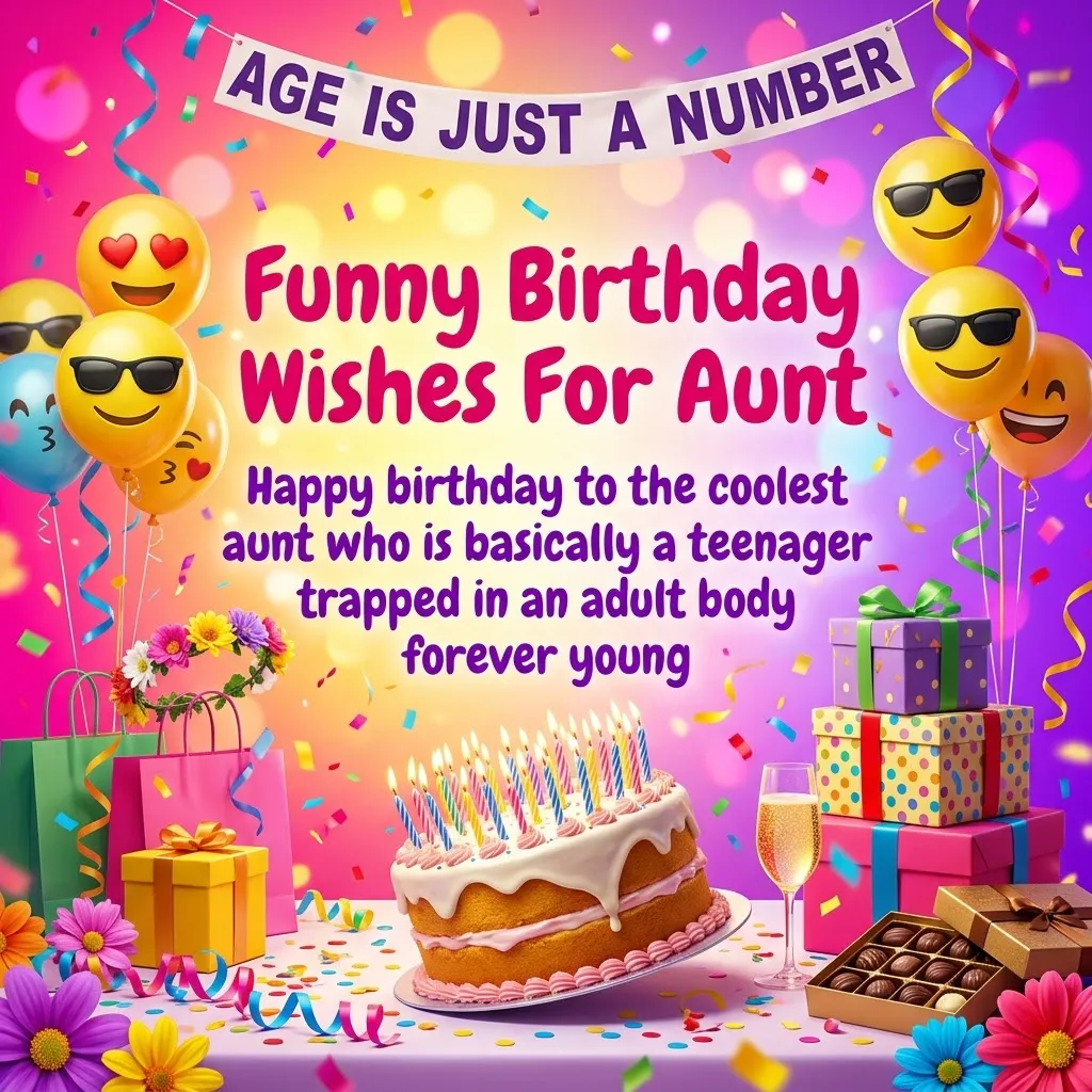 Vibrant funny birthday wishes for aunt featuring a two-tier sponge cake and emoji balloons on a purple bokeh backdrop. Gift boxes, chocolates, and bubbly champagne are surrounded by festive confetti under bright celebratory lighting.