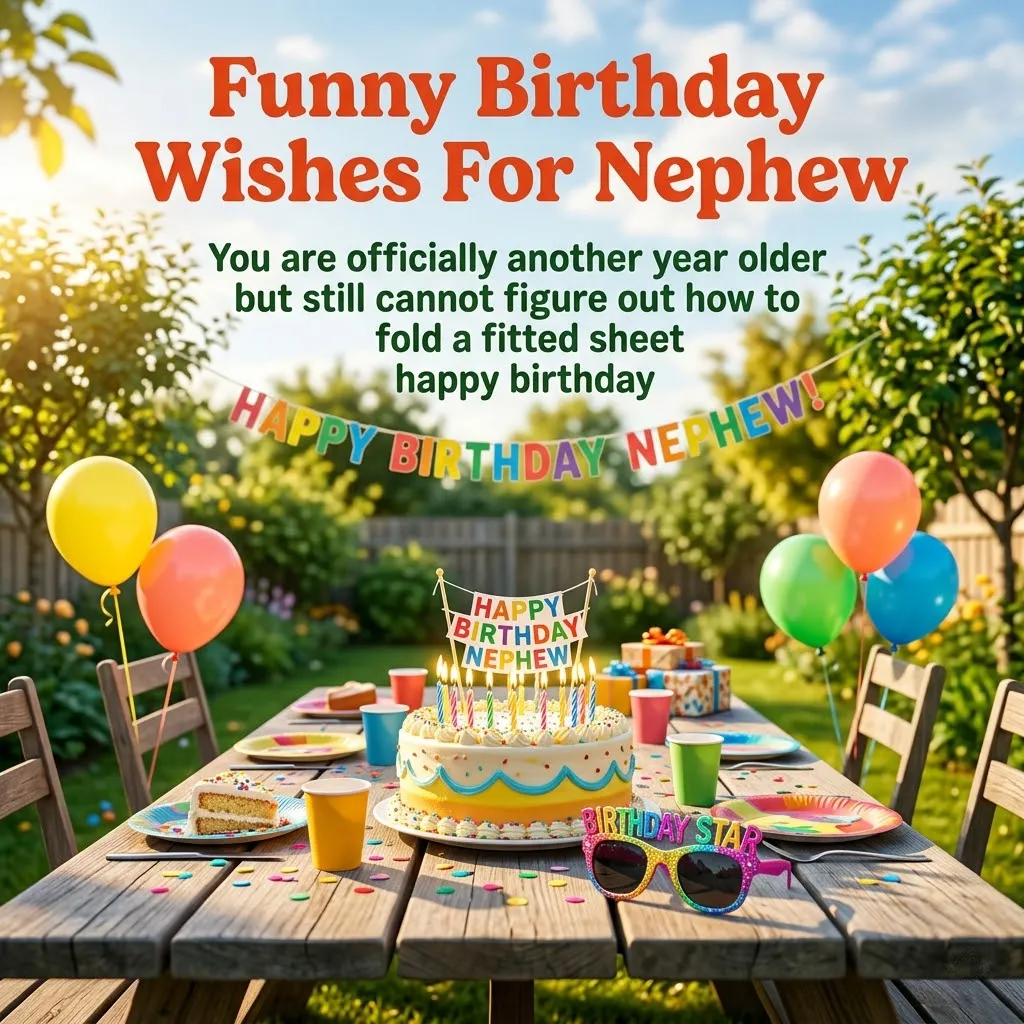 A festive outdoor birthday party setup on a rustic wooden table featuring funny birthday wishes for nephew text above a colorful frosted cake. Vibrant balloons and party decorations are bathed in warm afternoon sunlight within a lush, sun-drenched garden background.