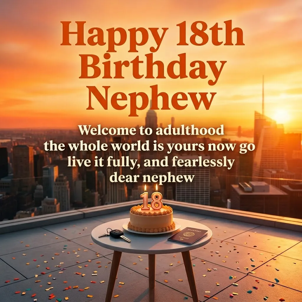 A celebratory happy 18th birthday nephew card featuring a frosted cake, car keys, and a passport on a rooftop table. Warm sunset light glows over a city skyline background, marking an inspiring transition into adulthood.