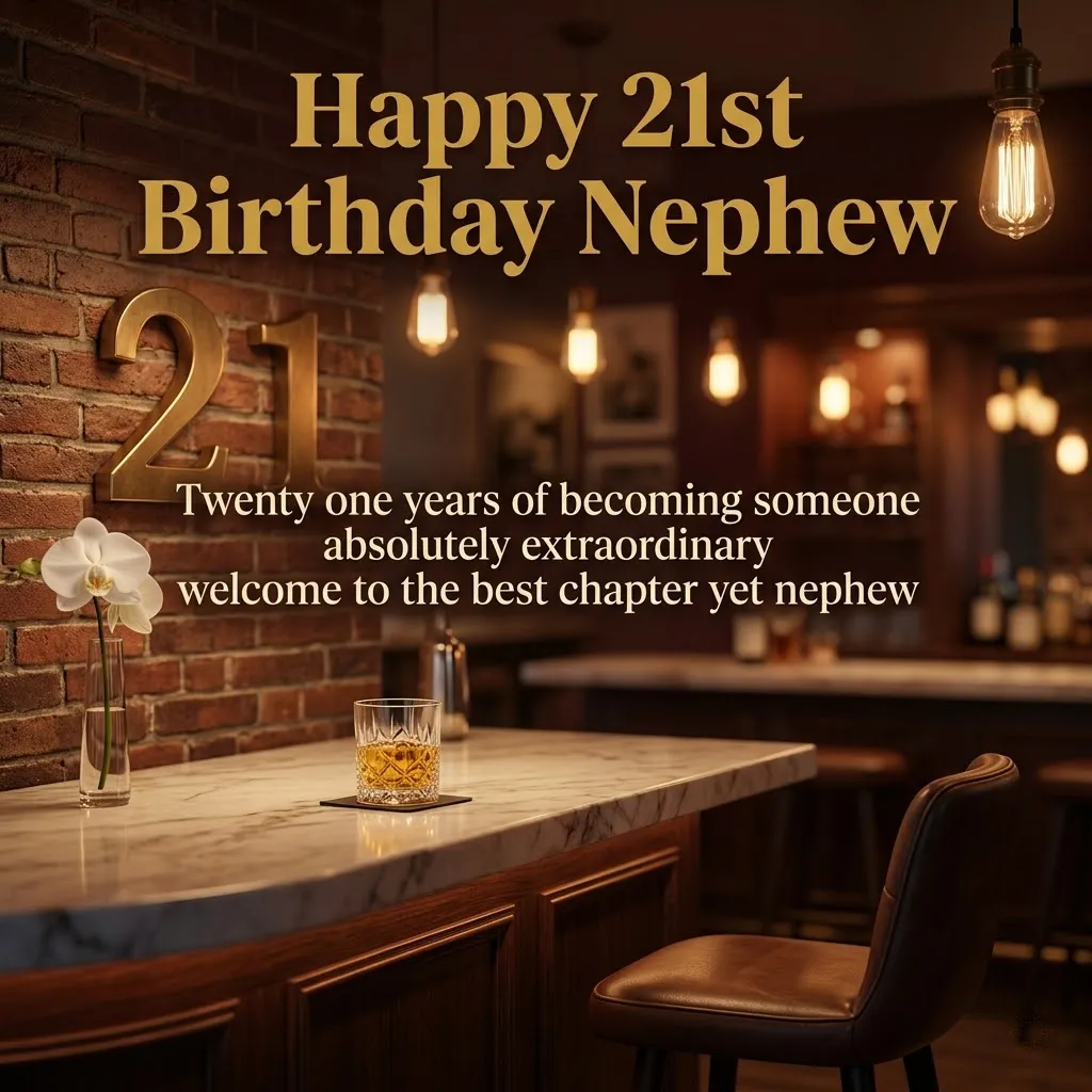 A celebratory happy 21st birthday nephew message displayed over a crystal whiskey glass on a sleek white marble bar. The sophisticated setting features warm Edison bulb lighting, a rustic brick wall with gold numerals, and a delicate white orchid in a slim vase.