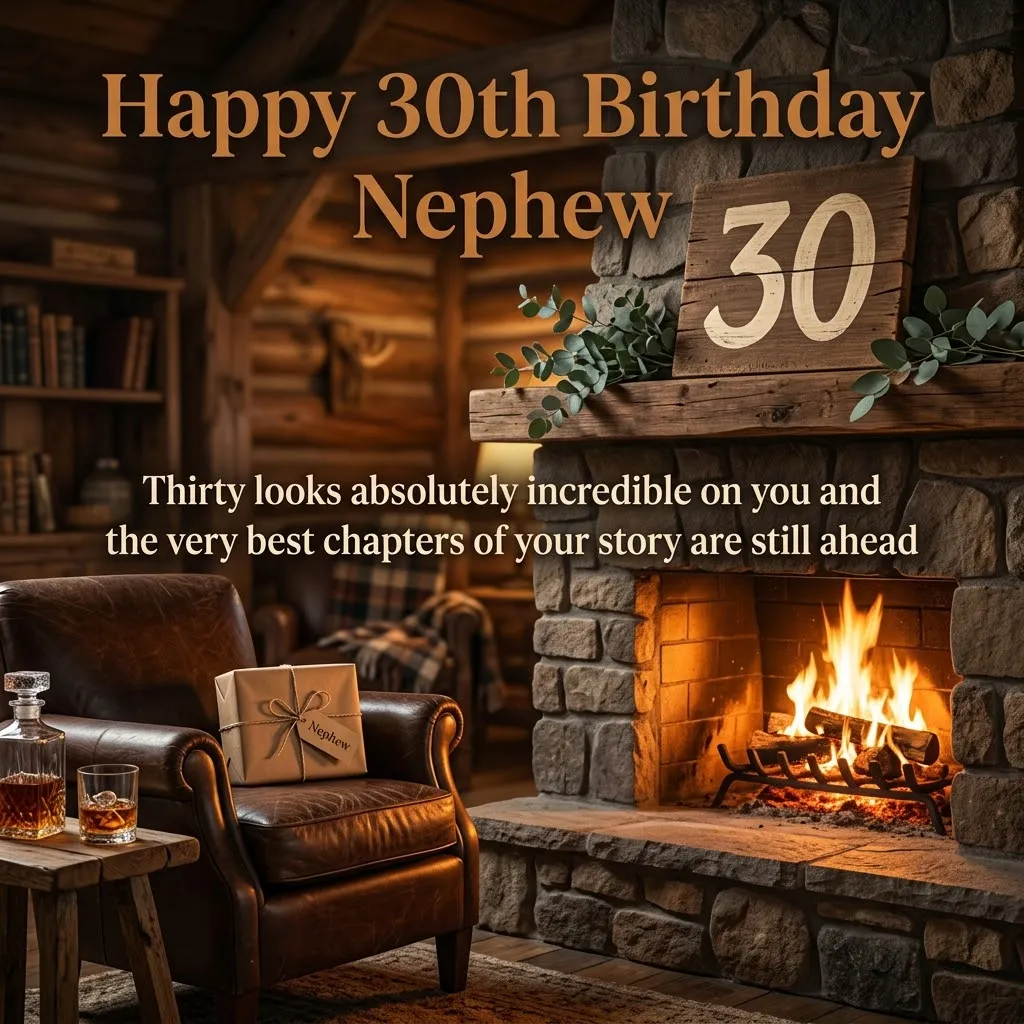 Warm firelight illuminates a rustic stone fireplace and a brown leather armchair featuring a wrapped gift for a nephew. This 30th birthday card scene includes a wooden sign marked '30' and heartfelt birthday wishes, set within a cozy, wood-paneled cabin interior.