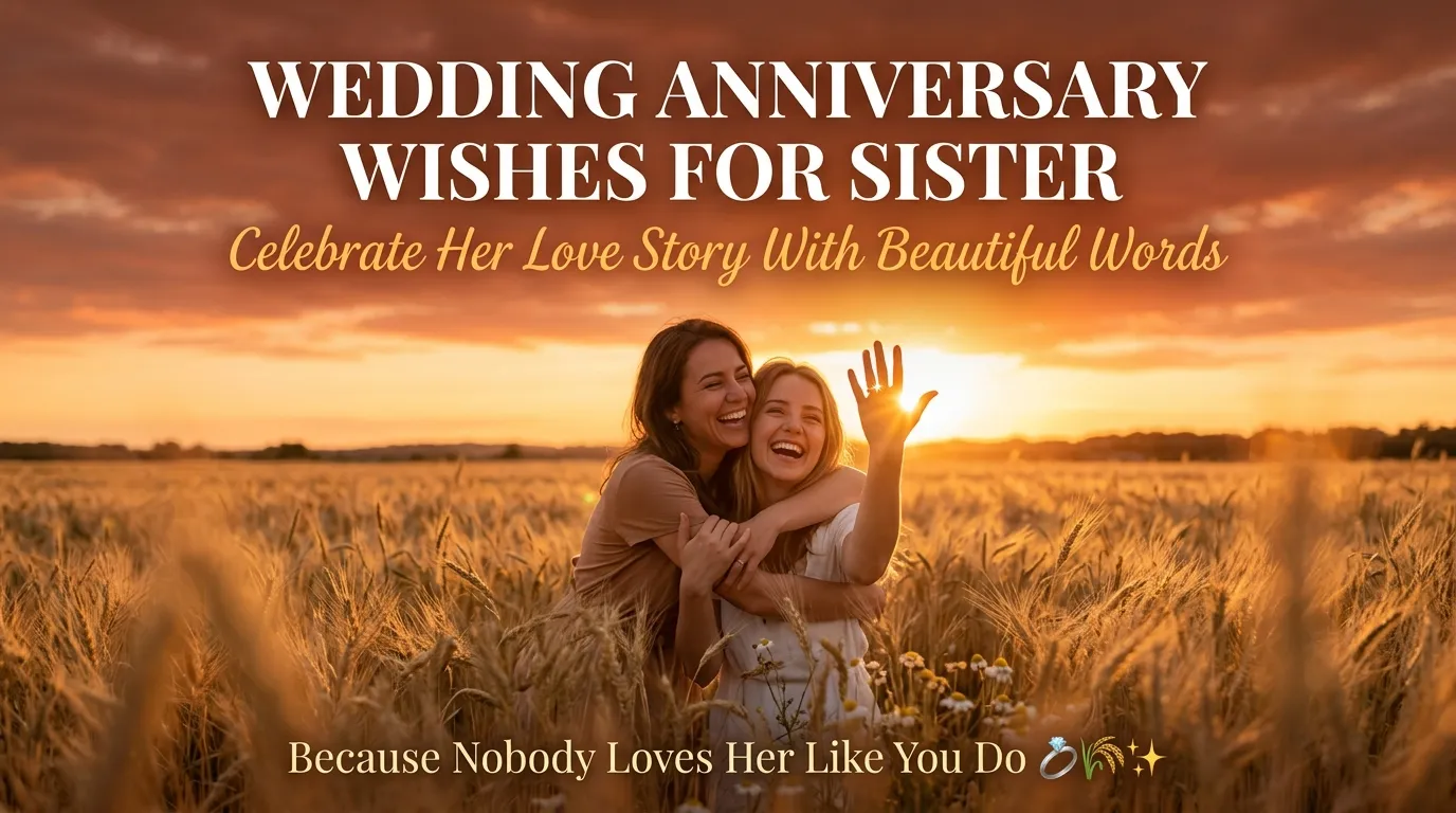 Two laughing sisters embrace in a vast golden wheat field during a warm sunset, with light glowing through their fingers. Elegant white text overlays the scene, reading 'Wedding Anniversary Wishes for Sister' to celebrate her love story with beautiful words.