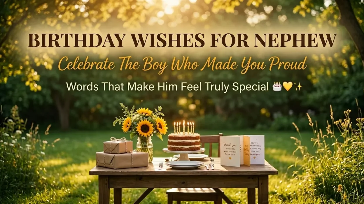A tiered cake with lit candles, vibrant sunflowers, and wrapped gifts sit on a rustic table in a sun-drenched garden. This outdoor birthday celebration scene, featuring the text 'Birthday Wishes for Nephew,' is illuminated by golden afternoon light filtering through lush green trees.