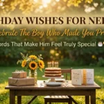A tiered cake with lit candles, vibrant sunflowers, and wrapped gifts sit on a rustic table in a sun-drenched garden. This outdoor birthday celebration scene, featuring the text 'Birthday Wishes for Nephew,' is illuminated by golden afternoon light filtering through lush green trees.