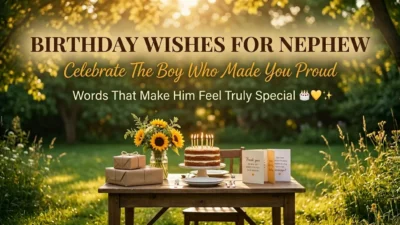 A tiered cake with lit candles, vibrant sunflowers, and wrapped gifts sit on a rustic table in a sun-drenched garden. This outdoor birthday celebration scene, featuring the text 'Birthday Wishes for Nephew,' is illuminated by golden afternoon light filtering through lush green trees.