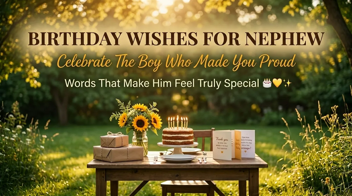 A tiered cake with lit candles, vibrant sunflowers, and wrapped gifts sit on a rustic table in a sun-drenched garden. This outdoor birthday celebration scene, featuring the text 'Birthday Wishes for Nephew,' is illuminated by golden afternoon light filtering through lush green trees.