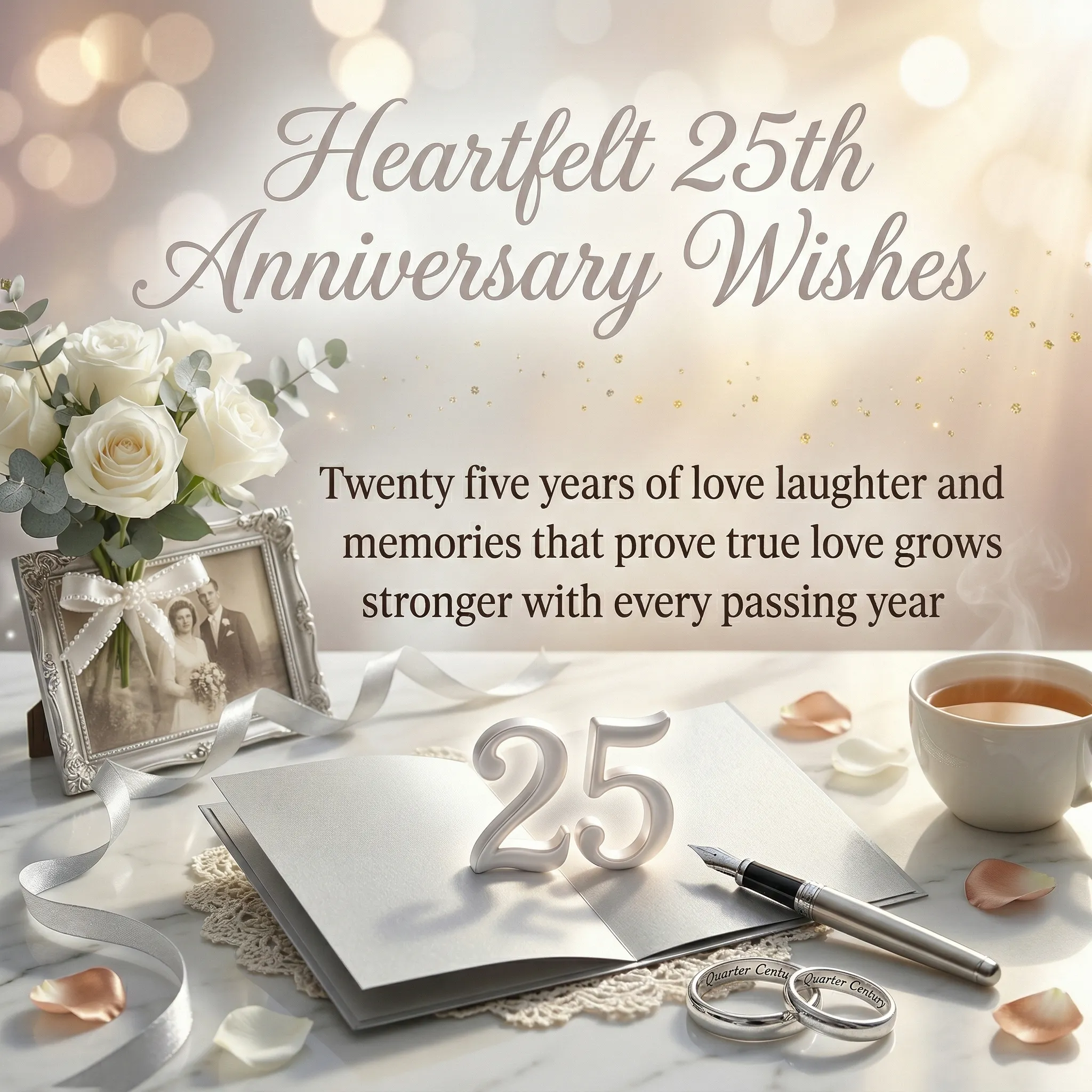 Heartfelt 25th anniversary wishes displayed amidst white roses, a vintage wedding photo, and silver rings on a marble surface. The scene features an open guestbook with a sculpted number 25 and a steaming tea cup, bathed in soft, golden bokeh lighting for a romantic silver anniversary celebration.