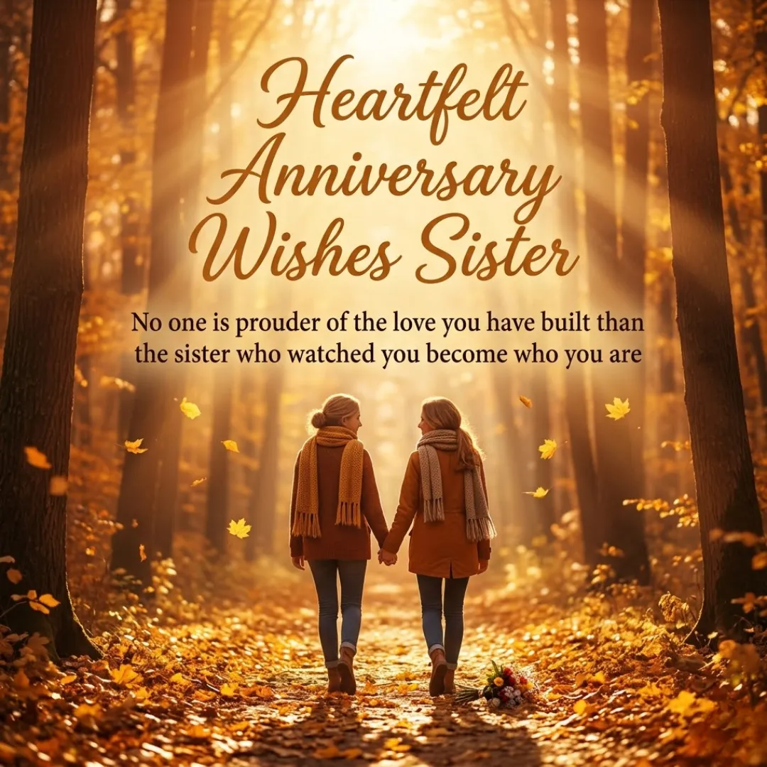 Two sisters in cozy knit scarves walk hand-in-hand through a sun-drenched autumn forest. Warm light rays filter through golden trees onto a path of fallen leaves, accompanying a message of heartfelt anniversary wishes for sister in elegant script.