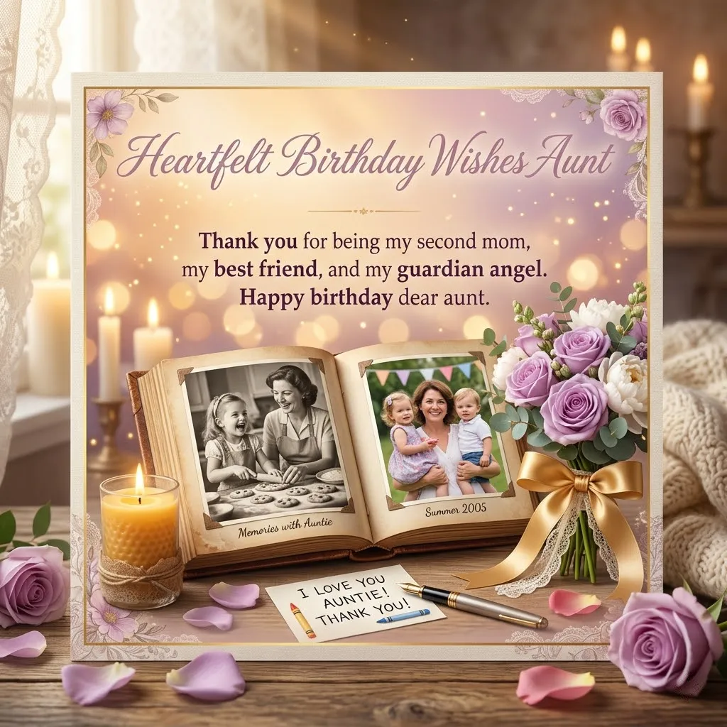 An open scrapbook showcasing nostalgic family photos rests on a rustic wooden table beside a bouquet of purple roses and a glowing honeycomb candle. Bathed in soft golden light, this sentimental birthday card for an aunt features elegant script, a silk gold ribbon, and scattered lavender petals.
