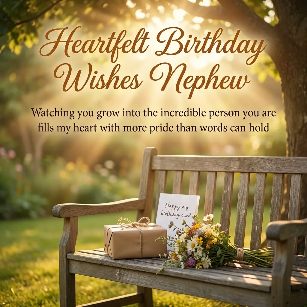 Heartfelt birthday wishes for nephew text overlays a rustic wooden bench holding a small kraft-wrapped gift, a birthday card, and wildflowers, all bathed in golden sunbeams filtering through a lush green garden canopy.