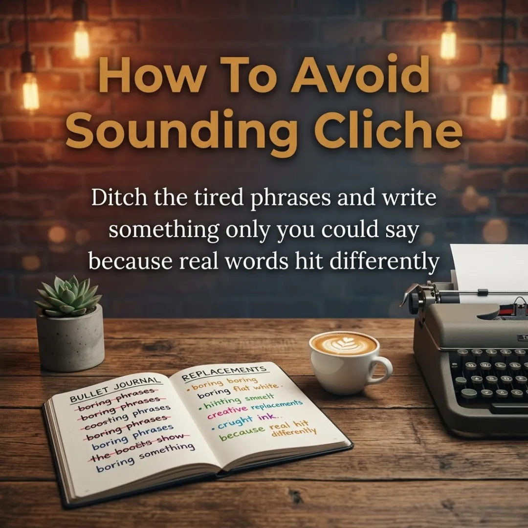 A vintage typewriter and an open bullet journal with creative writing tips rest on a rustic wooden desk. Warm, ambient lighting from hanging Edison bulbs illuminates the scene, highlighting a creamy latte and a small succulent against a textured brick wall.