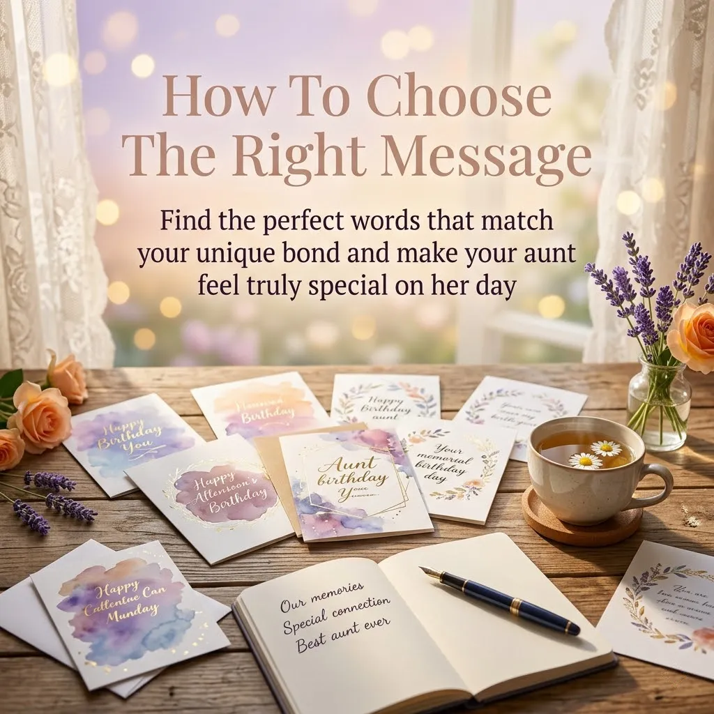 Elegant watercolor birthday cards for an aunt rest on a rustic wooden table beside an open journal. Soft, golden light filters through a window, highlighting delicate lavender sprigs and a warm ceramic cup of tea.