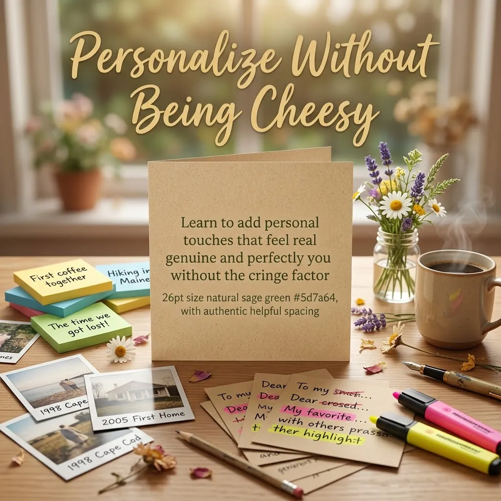 A square kraft paper card for personalized anniversary wishes sits on a rustic wooden table among vintage polaroids and lavender. Soft sunlight illuminates the textured scene, creating a warm, sentimental setting for a 25th wedding anniversary.