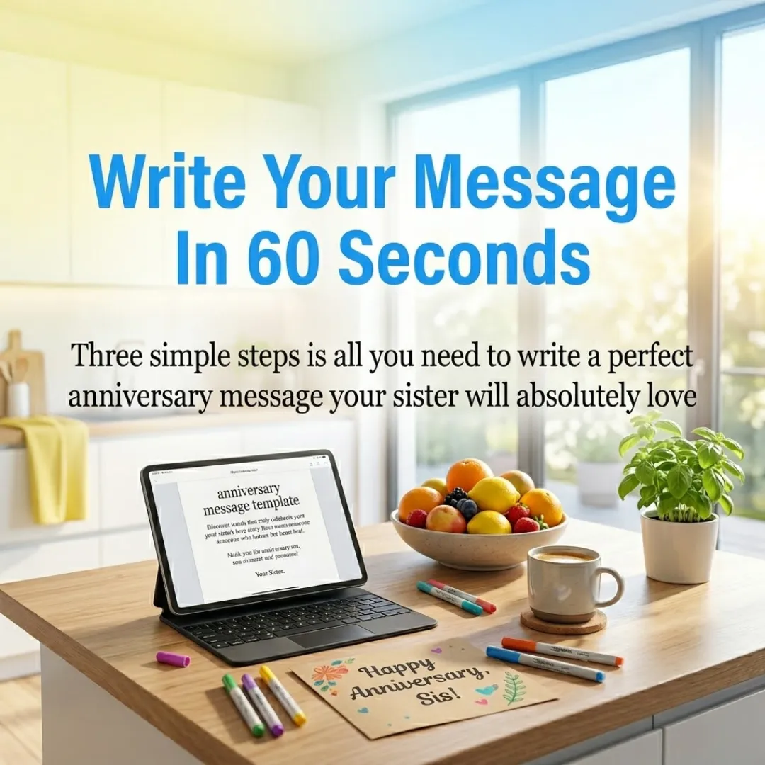 A tablet displaying an anniversary message template sits on a wooden counter in soft morning light. Beside it are vibrant citrus fruits and a colorful 'Sis' card, creating an ideal space for writing a perfect anniversary message.
